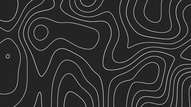 Abstract topographic contour lines animation on a dark gray background, creating a dynamic and flowing map-like pattern. The white lines subtly shift and undulate