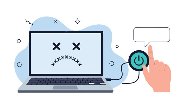 Frustrated user pressing a power button to restart or turn off a laptop computer showing an error message with a sad face screen.