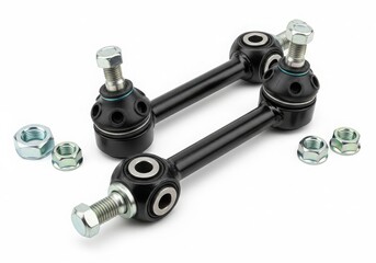 Black suspension arms with ball joints and mounting hardware on a white background