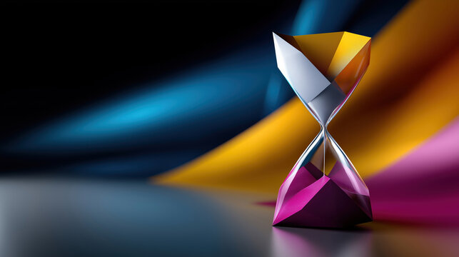 Colorful hourglass sits on surface with bright background lights
