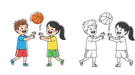 Naklejka premium Cute little boy and girl playing basketball. Cartoon vector illustration with black and white line art coloring page version.