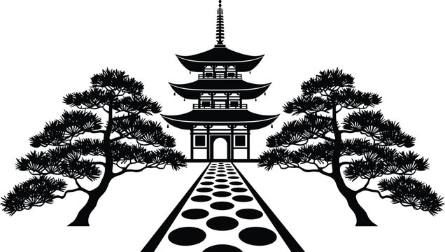 Japanese pagoda temple silhouette with pine trees and stone pathway, traditional Asian architecture vector illustration isolated on white background