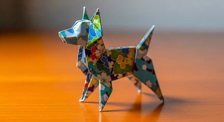 A colorful origami dog crafted from various magazine pages on a wooden surface isolated on white background