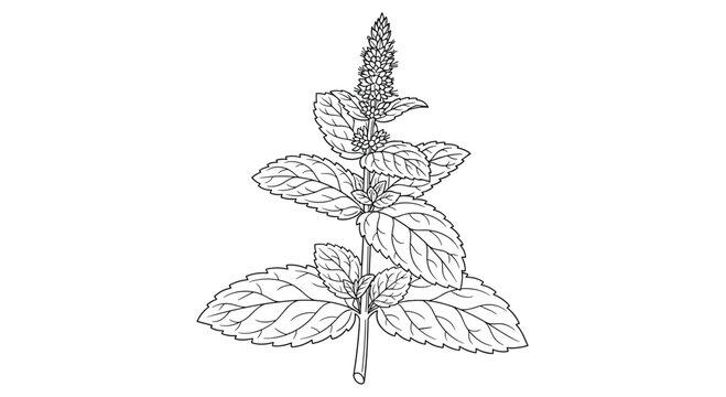Detailed black and white line art drawing of a peppermint plant showing its serrated leaves and characteristic flower spike.