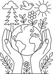 Hands Holding Earth with Nature Elements, Environmental Protection Line Art Vector Illustration