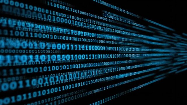 Digital stream of binary code data flowing in a dynamic perspective, representing information technology and cyber security concepts