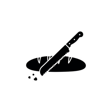 Serrated Bread Knife Slicing Loaf of Bread with Crumbs Falling, Black and White Icon