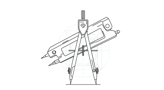 Technical drafting compass tool used for drawing precise circles and geometry over a blueprint style background with grid lines.