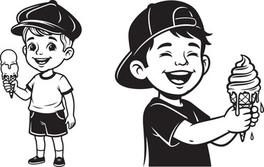 Cute Happy Boy Holding Ice Cream Cone Black and White Cartoon. Cheerful cartoon boy smiling with ice cream cone and thumbs up,