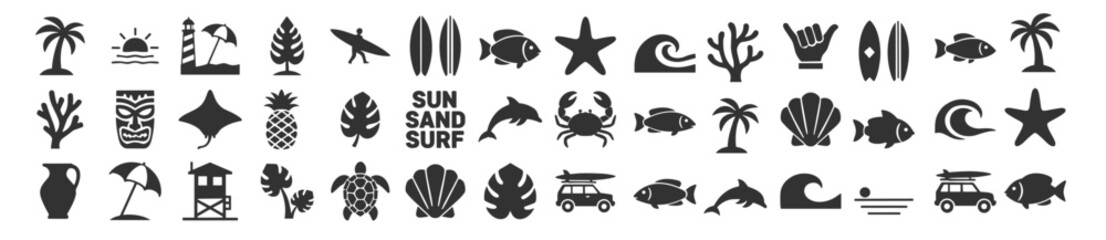 Fototapeta premium Beach summer tropical icon set with surfboards palm trees sea animals lighthouse and island elements, flat vector silhouette collection isolated on transparent background