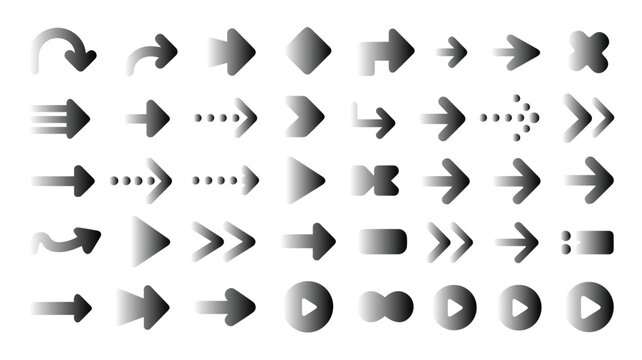 Modern Grayscale Gradient Arrow Icon Collection for User Interface and Navigation Design Elements