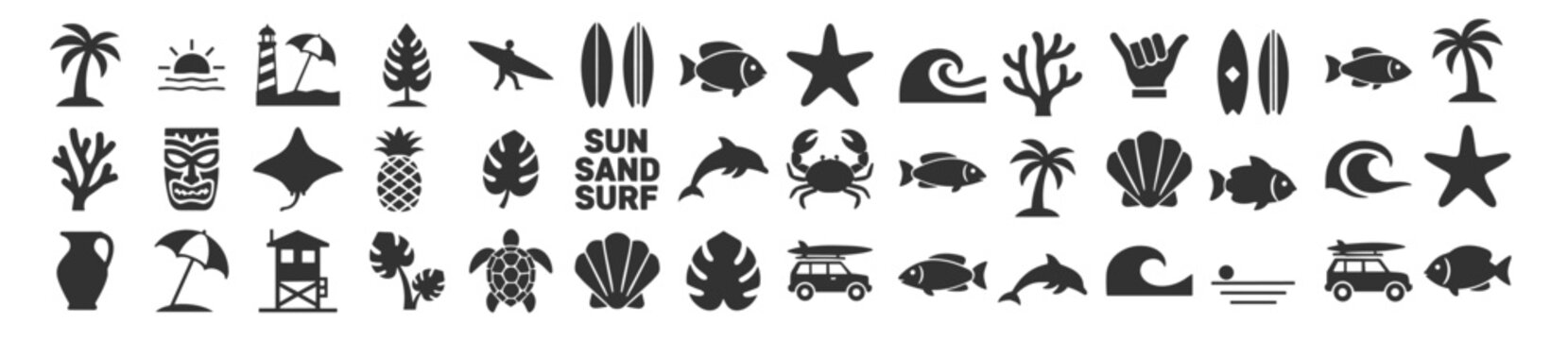 Beach summer tropical icon set with surfboards palm trees sea animals lighthouse and island elements, flat vector silhouette collection isolated on transparent background