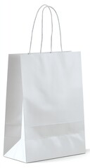 A white paper shopping bag with string handles, photographed on a white background