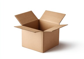 An open, empty brown cardboard box, lid flaps fully extended, against a white background