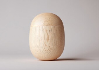 A wooden, egg-shaped container with a removable top, set against a neutral backdrop