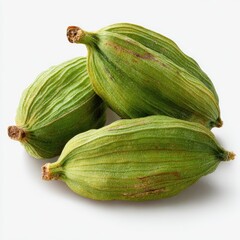 Three light green seed pods with textured exteriors, set against a bright white backdrop