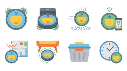 Fototapeta premium automatic vacuum robot , flat color vector set collection , white background , PNG and SVG