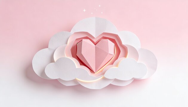3D paper heart nestled in white clouds. Pink faceted heart with papercraft clouds on a pastel gradient background. Valentine's Day and romance concept. Minimalist paper art style. Copy space