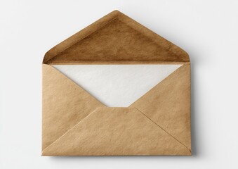 An open, brown paper envelope revealing a blank white card, shot against a white backdrop