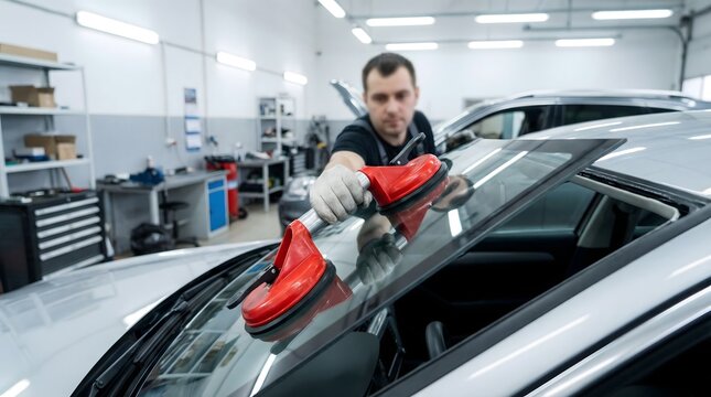 Mechanic Using Suction Cup Tool to Install or Replace Car Windshield in Auto Repair Garage Workshop