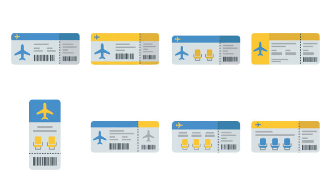 boarding pass , flat color vector set collection , white background , PNG and SVG