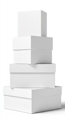 A stack of five plain white cardboard boxes of varying sizes, against a white background