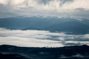 Fototapeta premium A broad field of shining cloud lies across the valleys while blue ridges rise beyond. The airy scene feels weightless and still. A spacious moment inviting breath and unhurried wonder.
