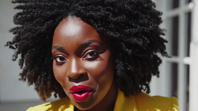 A professional side view of a young black woman with a bun hairstyle, smiling warmly in an office setting. This shot is perfect for corporate diversity, human resources, or career development content.