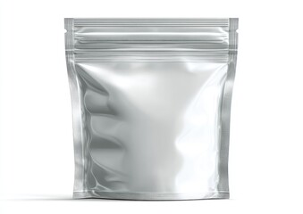 Stand-up silver pouch, sealed, isolated on white background, reflecting light
