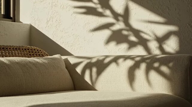 Slow motion close up capturing the subtle movement of dappled sunlight and sharp shadows crawling across a white wall and a modern comfortable lounge chair shadows, subtle, interior
