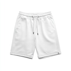Isolated white sweat shorts with drawstring waist, folded hems, and front pockets