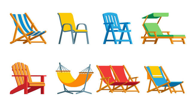 deck chair , flat color vector set collection , white background , PNG and SVG