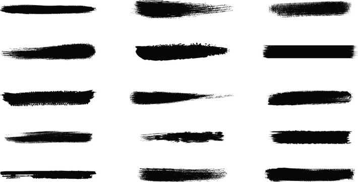 Black grunge brush stroke set. Redacted text censorship bars and rough ink line underlines. Vector texture strikethrough pack.