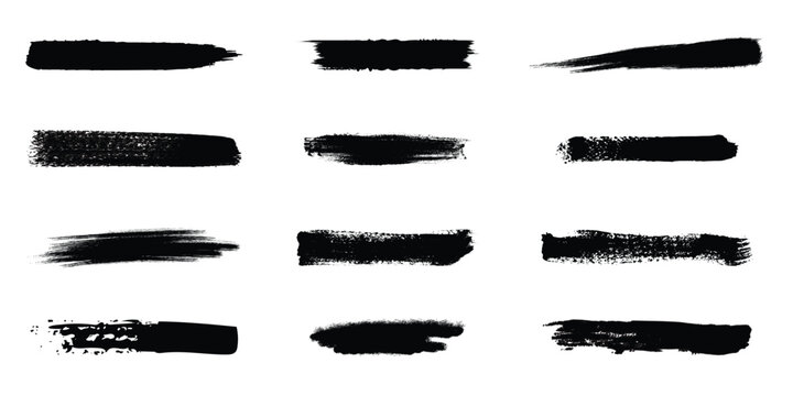  grunge brush stroke set. Rough black paint swash and distressed ink texture set. Vector design elements.