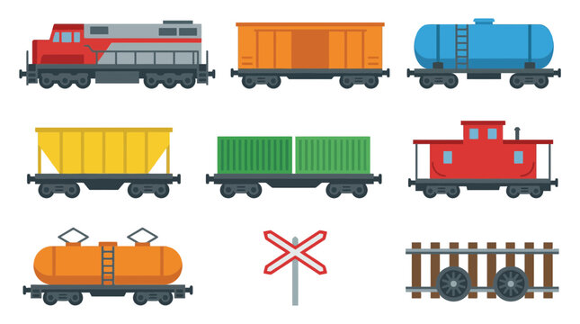 freight train , flat color vector set collection , white background , PNG and SVG