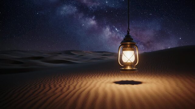 Illuminated lantern casting light on sand dunes under a starry night sky with the Milky Way