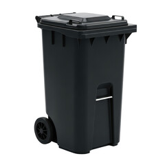 Large black garbage bin with wheels and lid isolated on transparent background