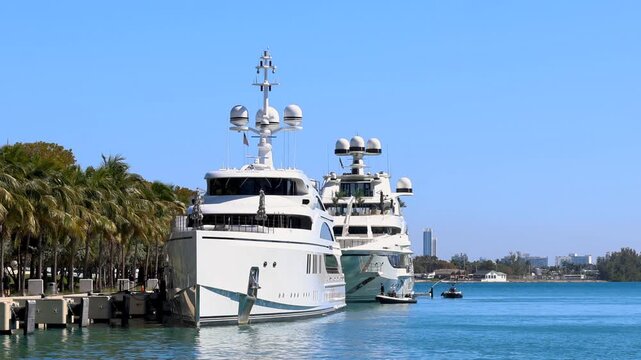 Luxury mega yachts docked at a tropical marina near Miami, Florida.