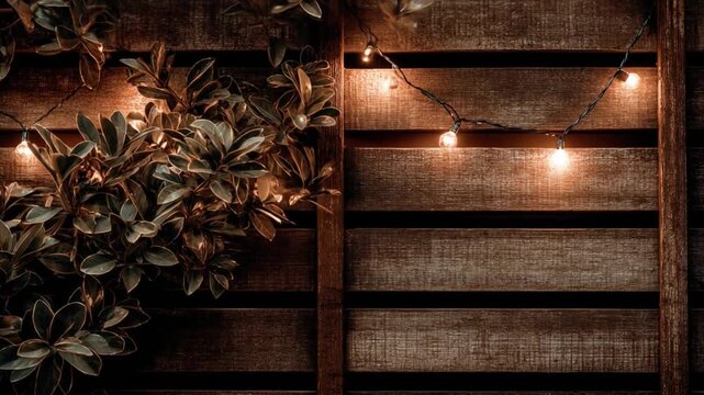 Wooden wall illuminated with string lights and plant life background