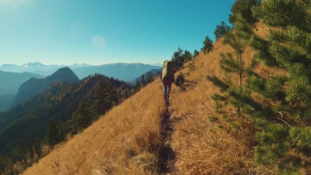 A person with a large backpack hikes along a narrow trail on a sunny, golden mountain ridge. View from behind overlooking a vast landscape of layered mountains under a clear blue sky. Bright sun