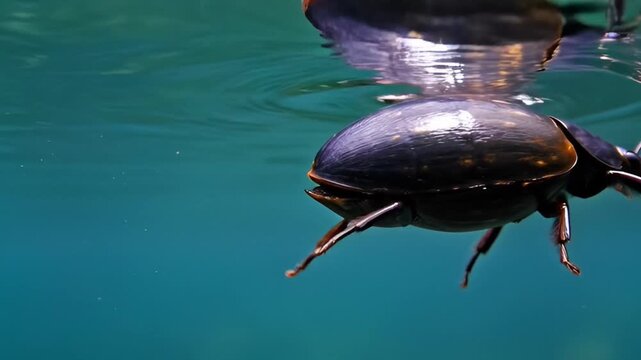 Underwater beetle swimming in blue water with sunlight