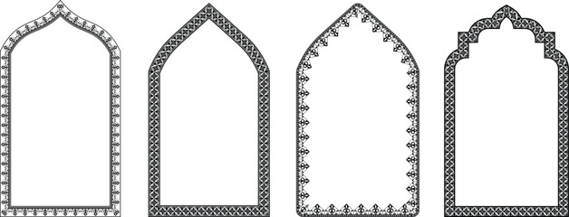 Collection of oriental style islamic vector shapes of a window or door arch mosque gate islamic arabesque pattern arab frame set on transparent background ramadan kareem silhouette icon set.