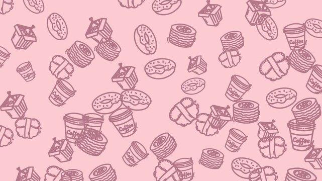 Sketches of donuts coffee and muffins on a pink background perfect for bakery menus, coffee shop flyers, and foodthemed designs.