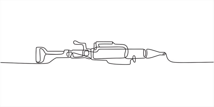Single continuous line drawing of a rocket propelled grenade launcher on a white background Vector, illustration