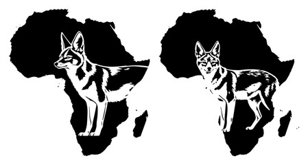 African Jackal and Wildlife Silhouette with Map of Africa, Safari Animal Vector Illustration, Nature and Geography of African Continent Graphic © Luka