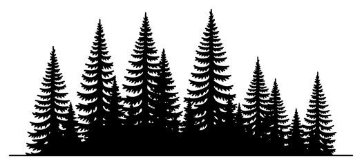 Pine Forest Treeline Silhouette Vector, Coniferous Wood Landscape Illustration, Evergreen Fir and Spruce Trees Nature Background Graphic © Luka