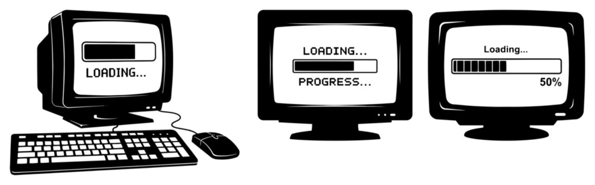 Retro Computer Loading Progress Bar Vector, Vintage PC Monitor with Keyboard and Mouse Illustration, Old School Technology System Update Screen Graphic