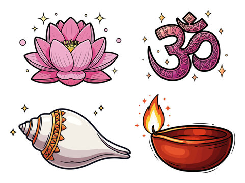 Sacred Hindu Symbols Set Vector, Pink Lotus Flower Om Sign Shankha Conch and Diya Lamp Illustration, Yoga and Meditation Spiritual Elements Graphic