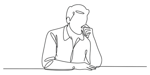 Illustration of continuous line drawing of a pensive man thinking at a desk © Icon_gallery