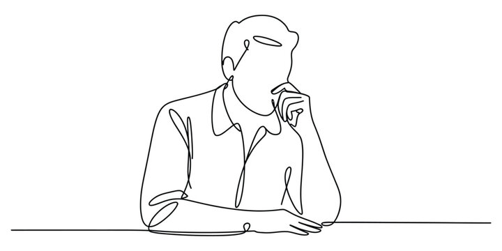 Illustration of continuous line drawing of a pensive man thinking at a desk